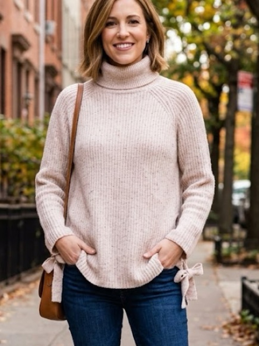 Andrea Jovine Oatmeal Knit Turtleneck Sweater M Side Tie Bows Fall